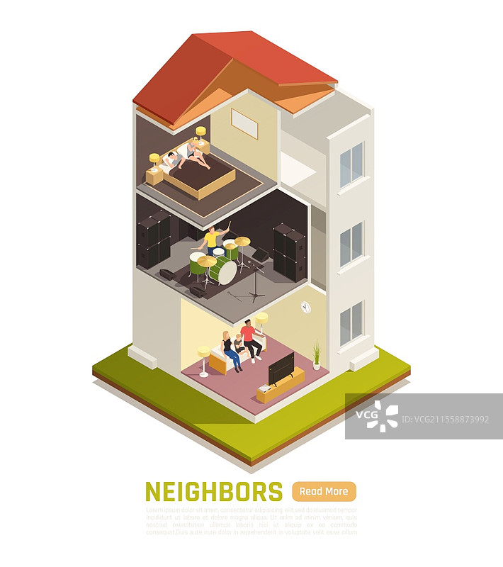 邻里关系冲突，过度噪音困扰，遭受大声音乐影响的等距建筑剪影插图图片素材