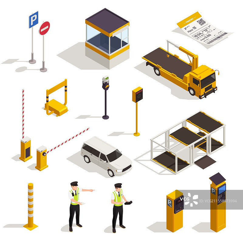停车等距图集，包含交通标志、计时器、入口票、警察、拖车、清障车和服务亭的矢量插图图片素材