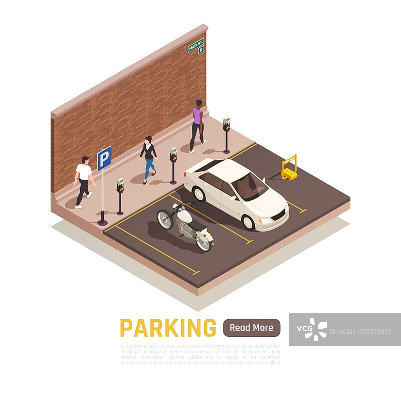 城市街道停车区，摩托车、白色汽车、预留停车位、停车计、行人，等距构图矢量插图图片素材