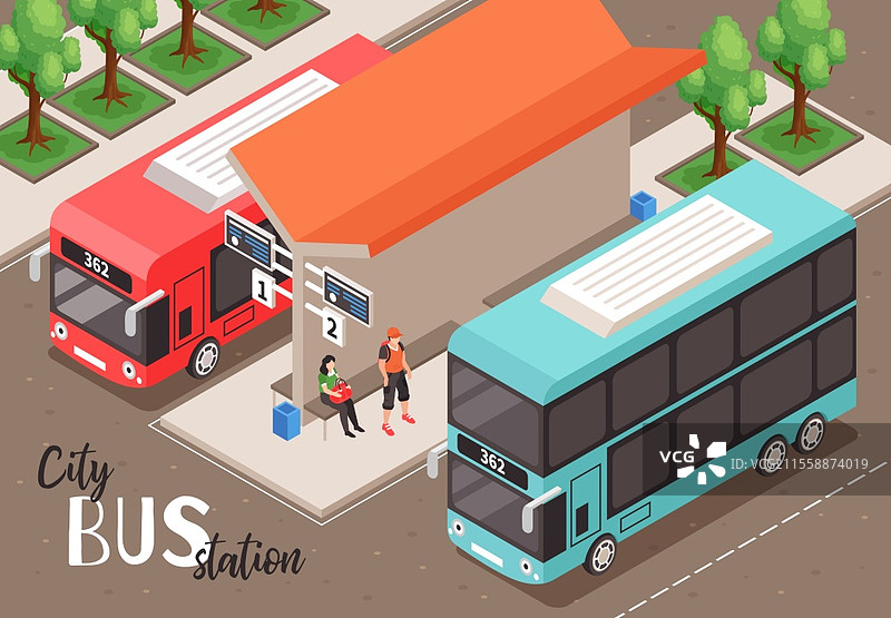 等距城市公交车站构图，户外视角展示两个站台和人群的矢量插图图片素材