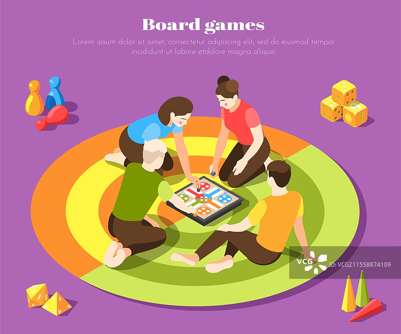 年轻人一起玩桌游，背景为彩色等距插图图片素材