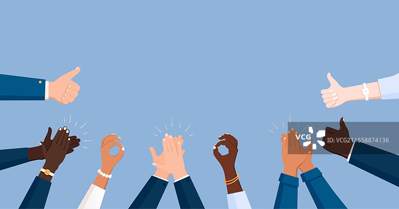 办公人员的手掌心形图案，平面构图，包含鼓掌的手，色彩丰富的矢量插图。图片素材