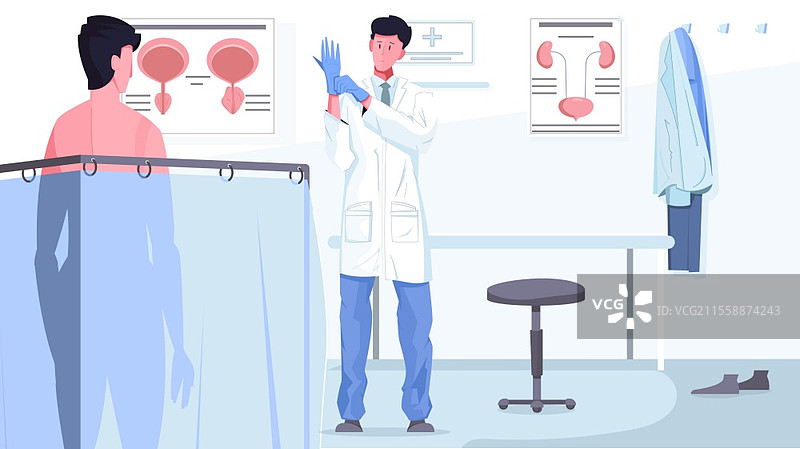 男性患者拜访男科或泌尿科医生的平面构图插图图片素材