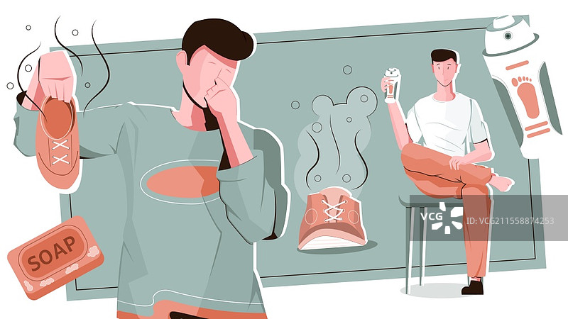 男性脚臭的平面构图，包含穿着臭鞋的男性角色、肥皂和除臭剂的矢量插图图片素材
