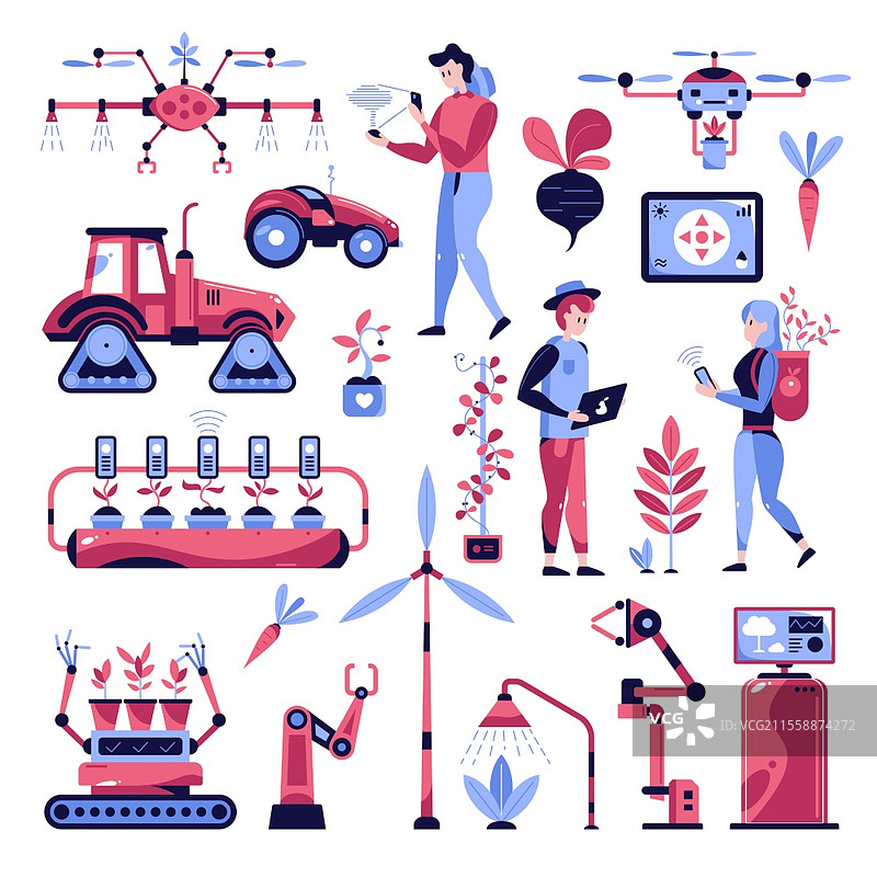 自动化智能花园套件，带农业符号的平面孤立矢量插图图片素材