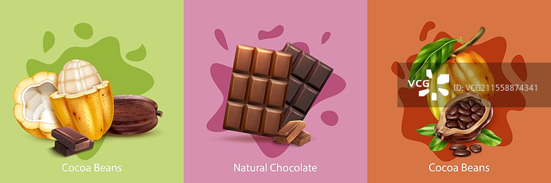 自然可可巧克力和豆类的彩色设计概念，逼真的孤立矢量插图图片素材