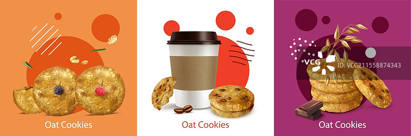 带有巧克力浆果和咖啡的燕麦饼干，真实设计概念，孤立在多彩背景上的矢量插图图片素材