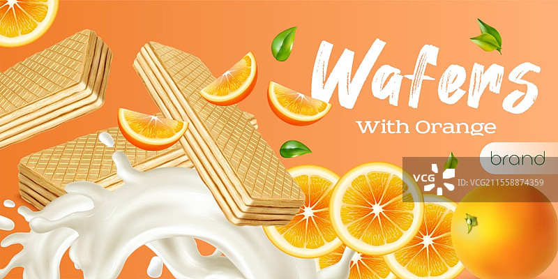 逼真的广告插图，展示新鲜的整颗橙子和切片橙子，以及牛奶飞溅的效果。图片素材