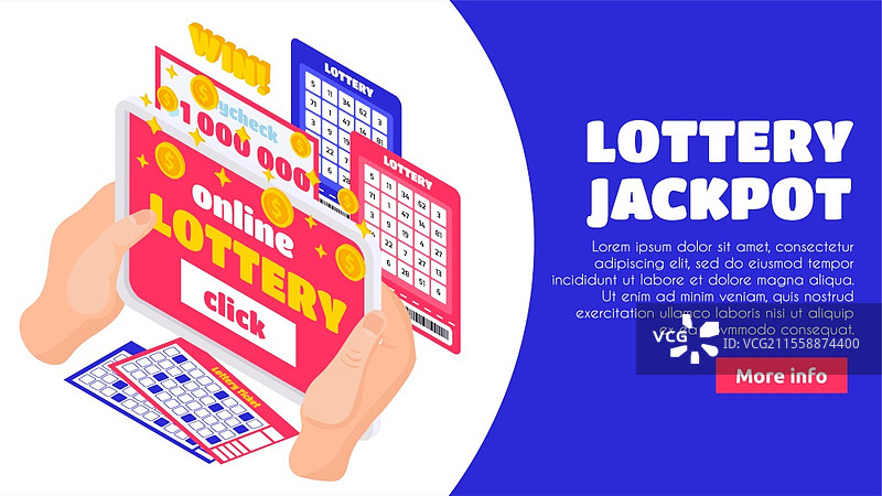 彩票头奖等距着陆页面，手握彩票和百万美元奖金支票的人类手部矢量插图图片素材