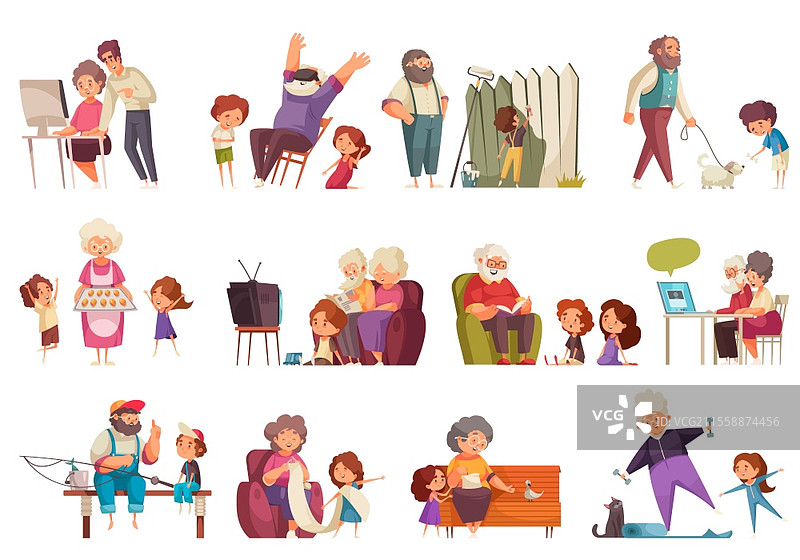 奶奶和爷爷与休闲符号的平面孤立矢量插图图片素材