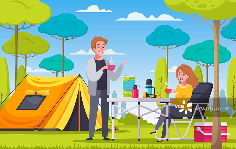 卡通插图，男人和女人在露营地的帐篷旁野餐图片素材