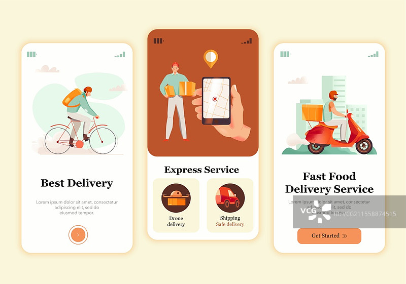 三幅垂直横幅，展示快餐外卖快递员的平面插图图片素材
