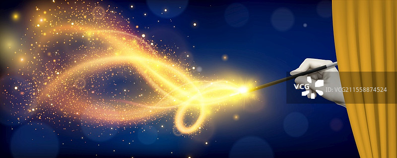 现实背景中，魔术师藏在帷幕后，手中握着魔法棒的矢量插图图片素材