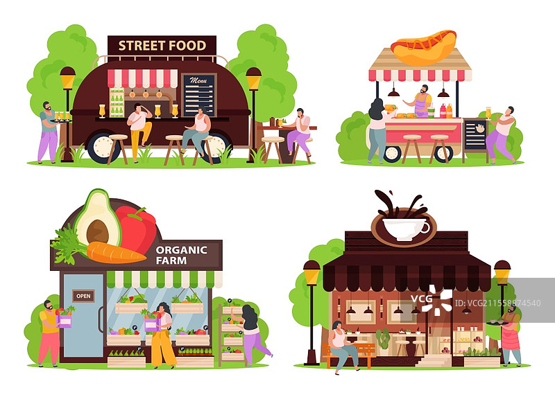 小型企业概念图标集，包含街头食品符号的扁平化独立插图图片素材