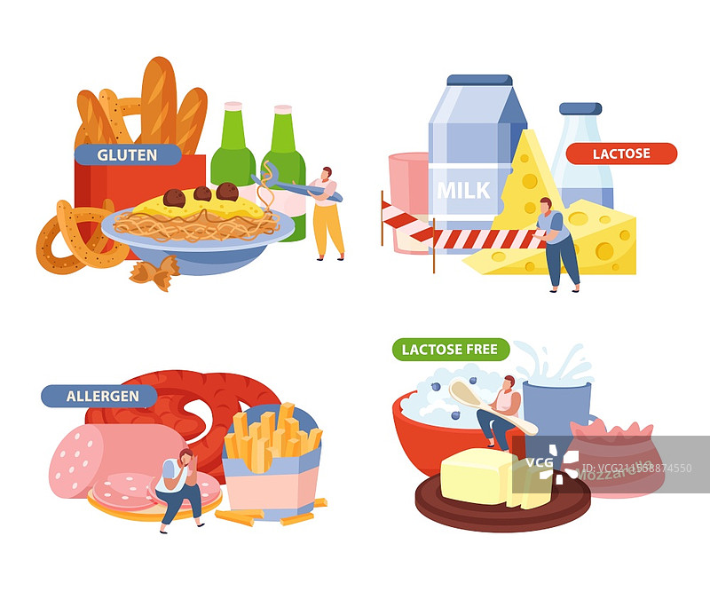 乳糖和麸质概念图标集，带有过敏原符号，平面风格，独立矢量插图图片素材