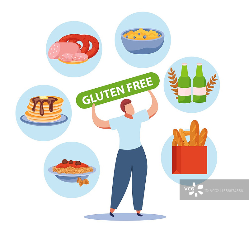 无麸质产品概念，带有食品和饮料符号的扁平矢量插图图片素材