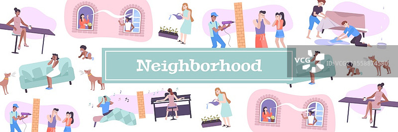 邻居房屋图案，带有宠物和儿童噪音符号的扁平矢量插图图片素材