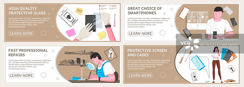 四款智能手机平面横幅，配有高质量保护玻璃，快速专业维修，智能手机的绝佳选择，矢量插图图片素材