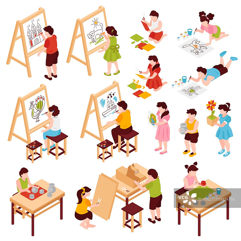 等距儿童创意艺术学校图标和绘画在画架上的插图集合图片素材