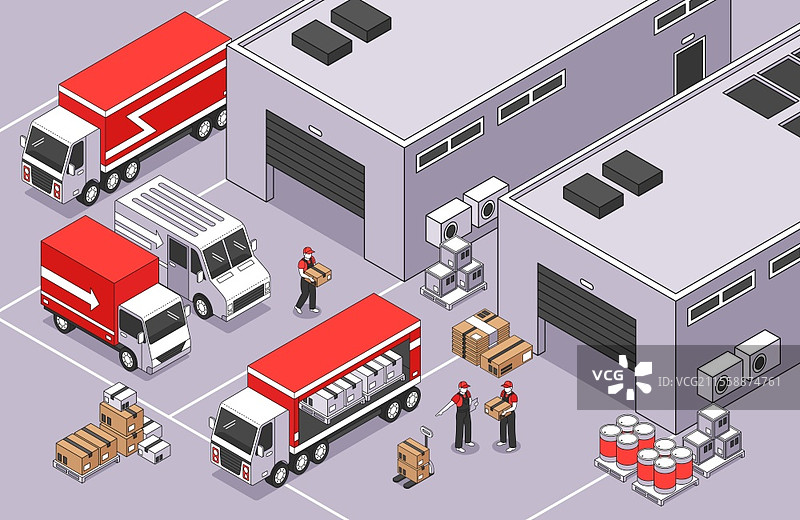 等距物流构图，户外仓库区域的场景，包括建筑物、包裹箱、货车和卡车的矢量插图图片素材