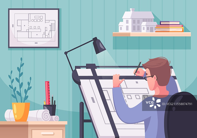 建筑师卡通构图，室内场景元素与人物角色绘图项目方案矢量插图图片素材