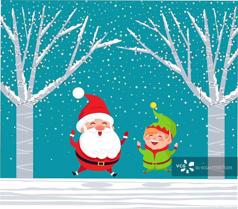 圣诞角色在森林中玩得开心。圣诞老人和精灵助手在冬季森林中度过时光。圣诞人物欢快地跳跃。雪花飘落，地面覆盖着雪。扁平风格插图中的圣诞老人和精灵在冬季森林中欢快跳跃。图片素材