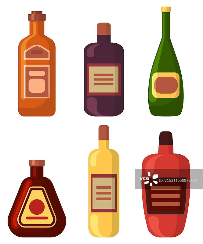 酒精饮料组合，独立的啤酒、香槟和利口酒瓶。扁平风格的容器带有标志，清爽的饮品，含酒精的饮料。啤酒和香槟，龙舌兰酒和朗姆酒。图片素材
