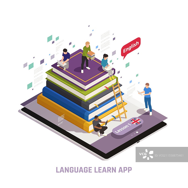在线语言培训课程，配有母语导师，电子图书馆访问，等距构图，学习英语应用程序矢量插图图片素材