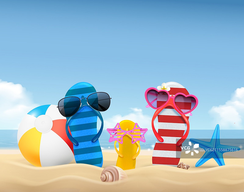 夏季构图，色彩斑斓的家庭人字拖、太阳镜、沙滩球，逼真的矢量插图图片素材