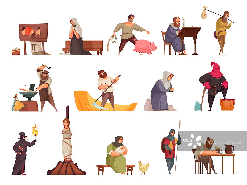 中世纪人物图标集，包含中世纪的特征，如火刑、农民，矢量插图图片素材