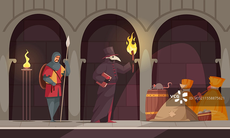 中世纪人们的瘟疫治疗师构图，两个身处中世纪城堡走廊的人物矢量插图图片素材