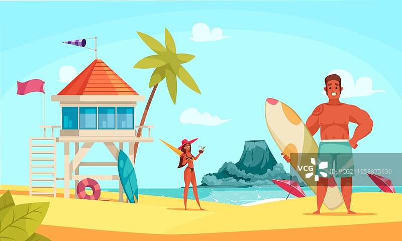 夏威夷海滩的构图，包含小屋和几位游客在海滩上的矢量插图图片素材