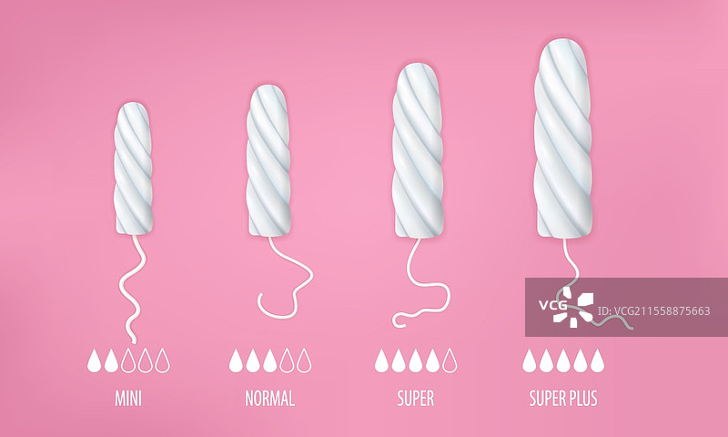 迷你普通和超大号卫生棉条套装，逼真的孤立矢量插图图片素材