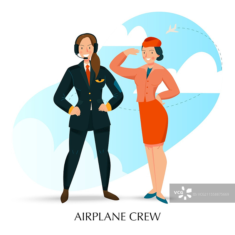 女性职业构成与飞机机组人员符号的扁平矢量插图图片素材