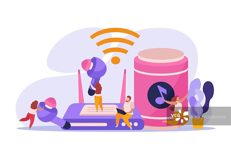 无线设备平面背景构图，包含播放器耳塞、扬声器、跳舞角色和在笔记本电脑上打字的男性矢量插图图片素材