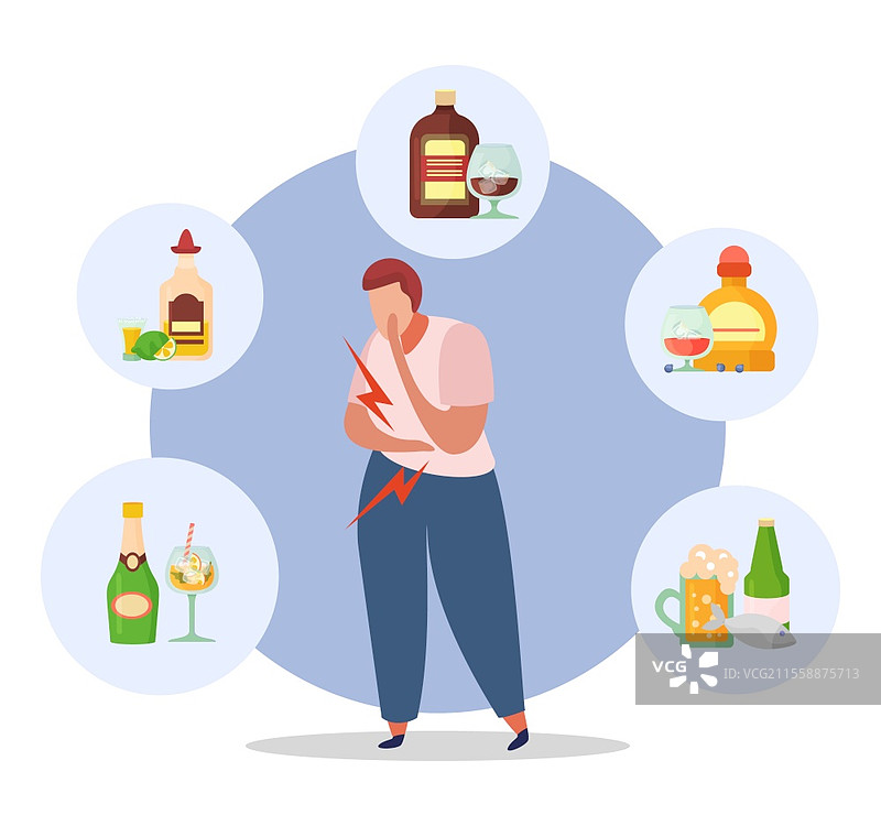 过量饮酒的扁平圆形背景构图，周围有痛苦的人和啤酒、葡萄酒、鸡尾酒的矢量插图图片素材