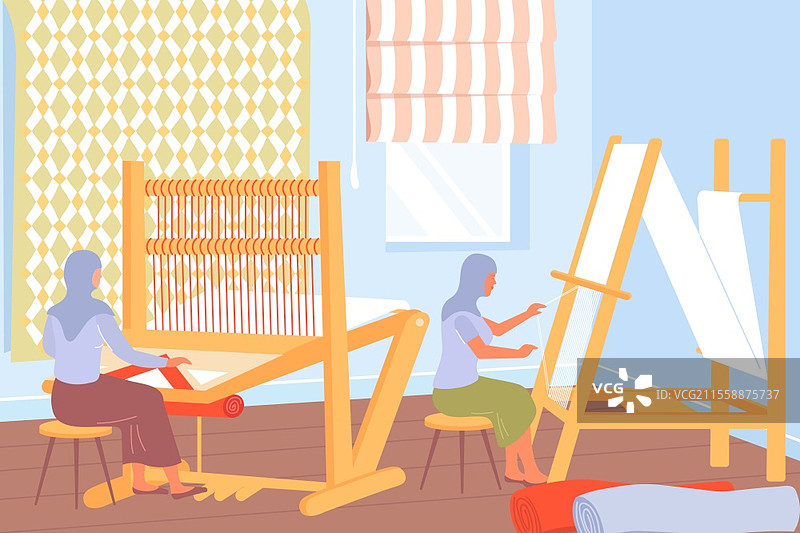 地毯生产过程，女性在织机上工作，平面矢量插图图片素材