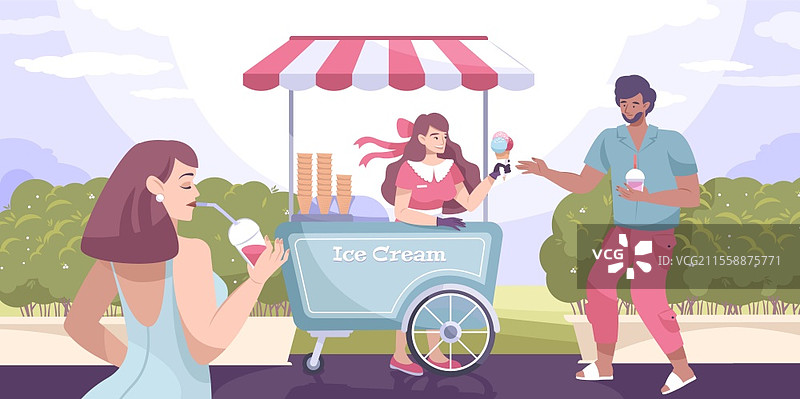 公园里的冰淇淋摊位，男孩购买冰淇淋的平面插图图片素材
