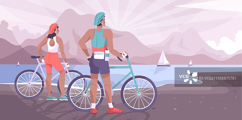 平坦的自行车旅游风景，情侣骑自行车在湖边观景的矢量插图图片素材