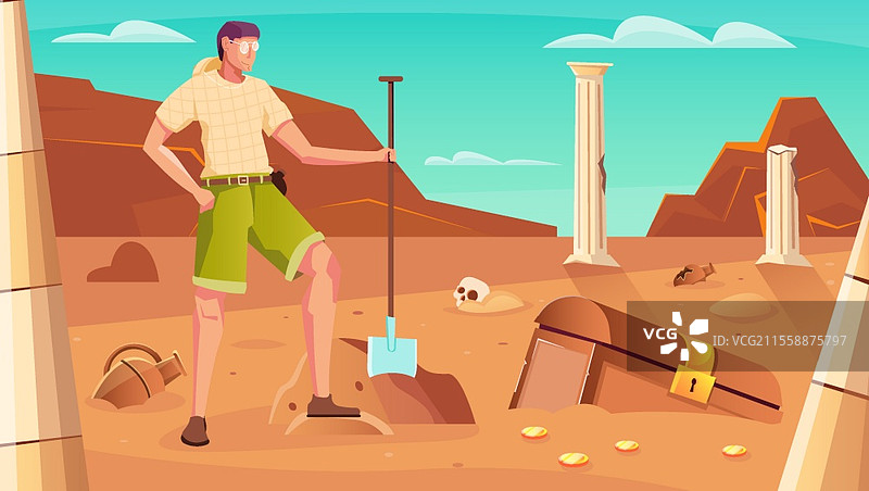 寻宝背景与挖掘宝箱符号的扁平矢量插图图片素材