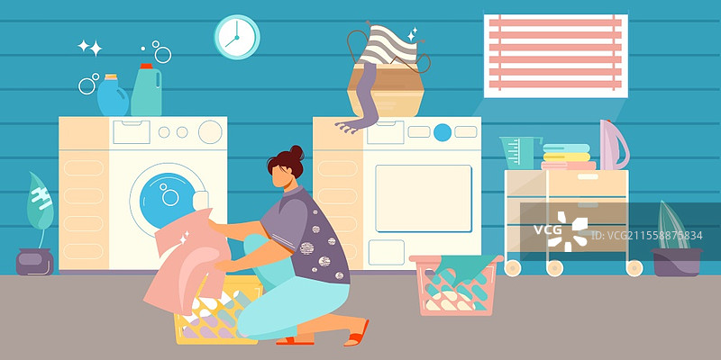 家居洗衣平面构图，带有洗衣机的浴室内饰和穿着衣物的女性角色矢量插图图片素材