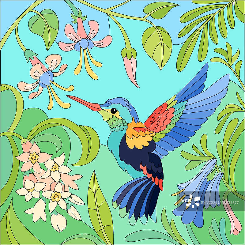 平面彩色热带小鸟蜂鸟与粉色和紫色花朵的组合矢量插图图片素材