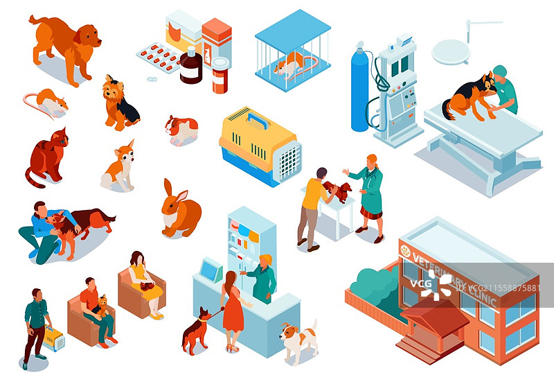 等距兽医图标集，包含宠物、狗、猫、老鼠、宠物药物和兽医诊所建筑的矢量插图图片素材
