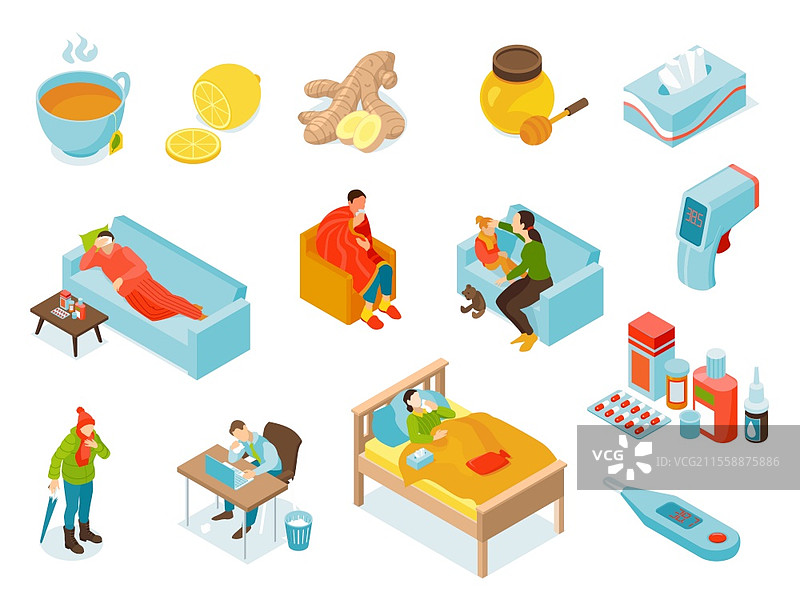 等距感冒流感病毒图标集，包含生病的人、温度计、生病的儿童和感冒治疗的矢量插图图片素材