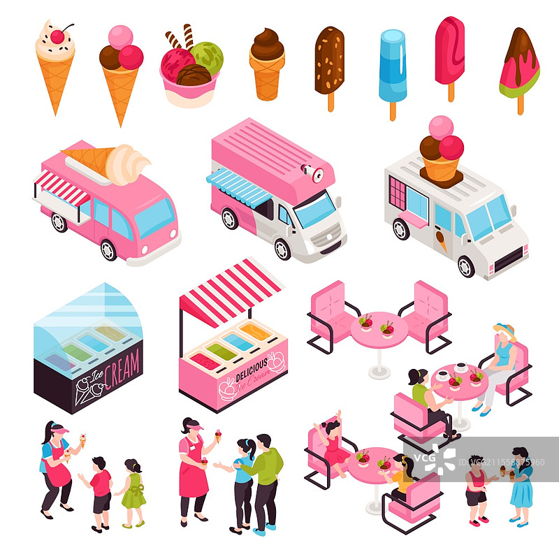 等距冰淇淋咖啡馆场景，包含孤立的人物角色、咖啡馆家具、货车和冰淇淋产品的矢量插图图片素材