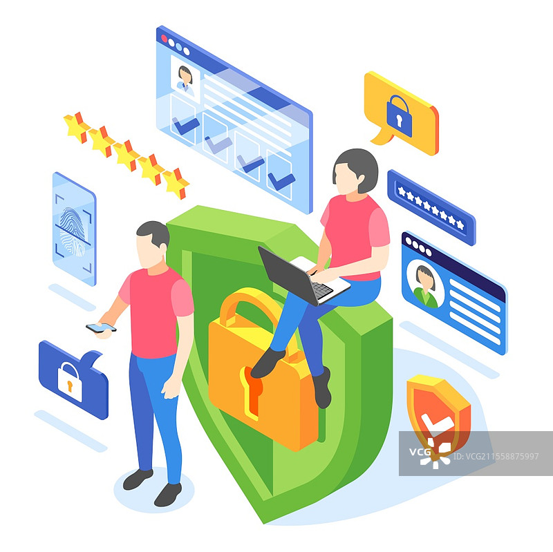 个人数据保护GDPR等距构图，带有盾牌和锁的图标、思考气泡和人类角色的矢量插图图片素材