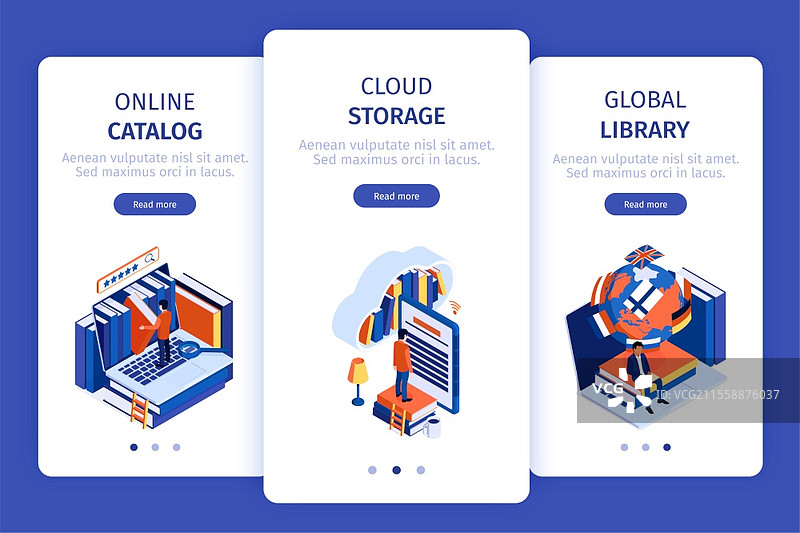 在线图书馆三款垂直移动屏幕横幅，带有目录、云存储和全球访问的等距矢量插图图片素材