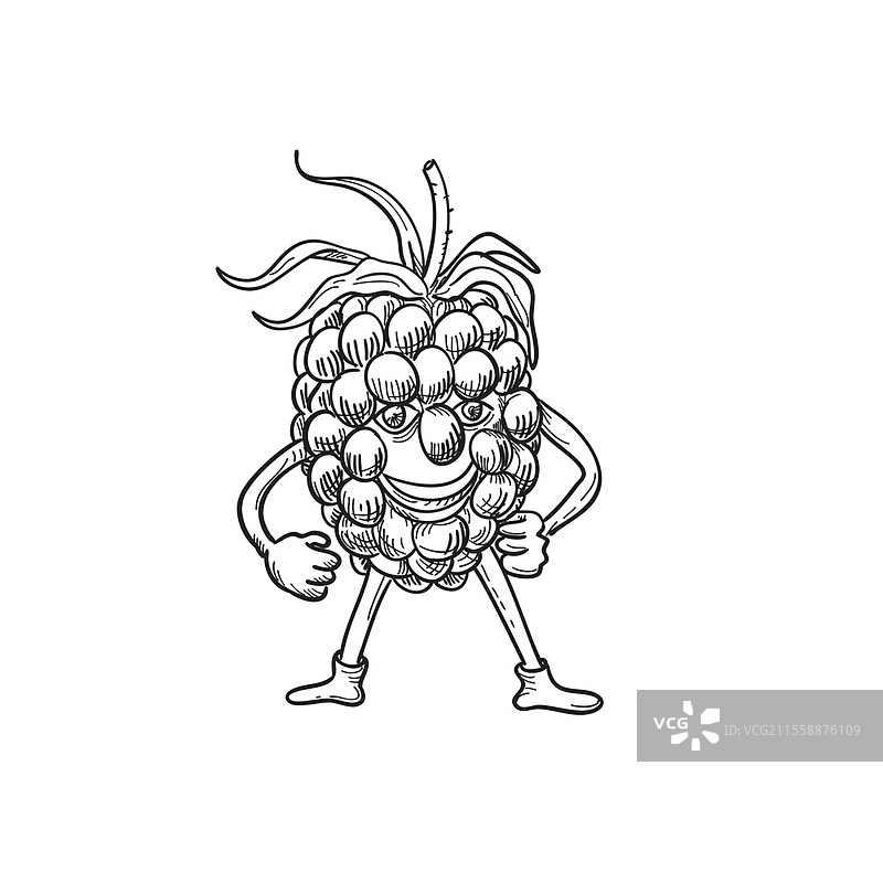 卡通风格插图，快乐的黑莓果实站立并微笑，正面视角，黑白背景。图片素材
