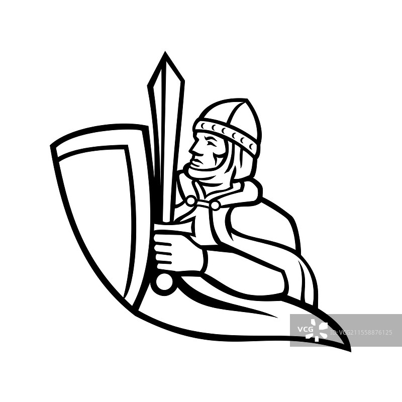 中世纪国王或骑士的吉祥物插图，手持剑和盾，腰部以上侧面视图，背景为复古黑白风格。中世纪国王的半身像，手持剑和盾，黑白吉祥物。图片素材