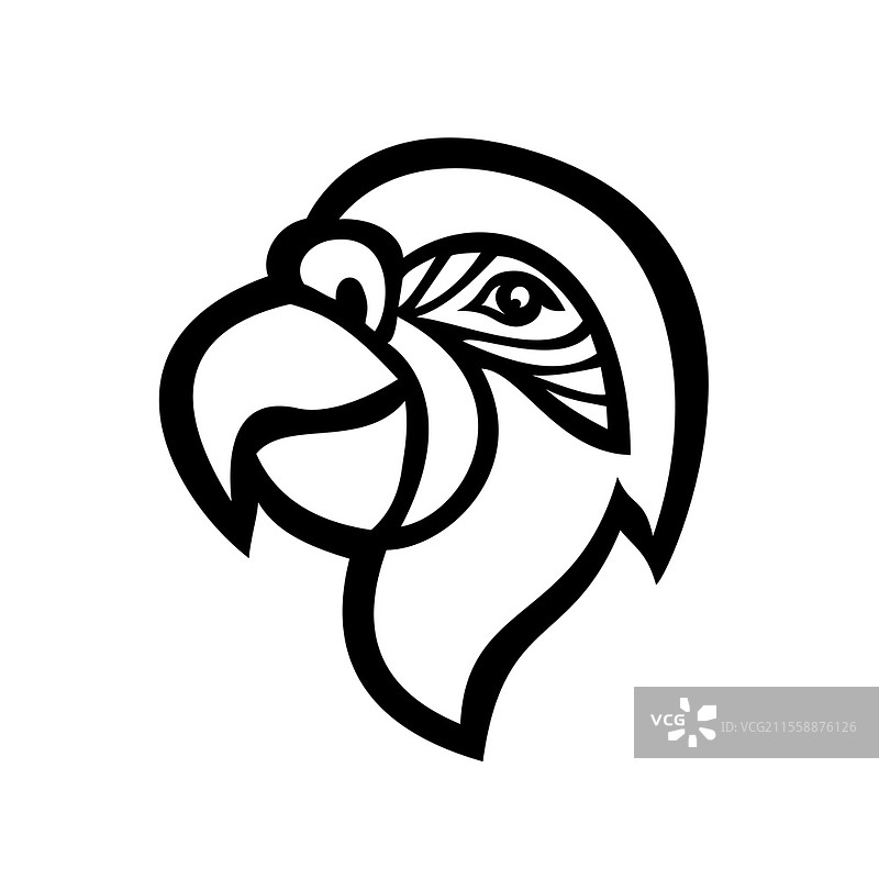 黑白复古风格的鹦鹉吉祥物图标插图，侧面视角，展示热带和亚热带地区常见的鹦鹉头部。图片素材